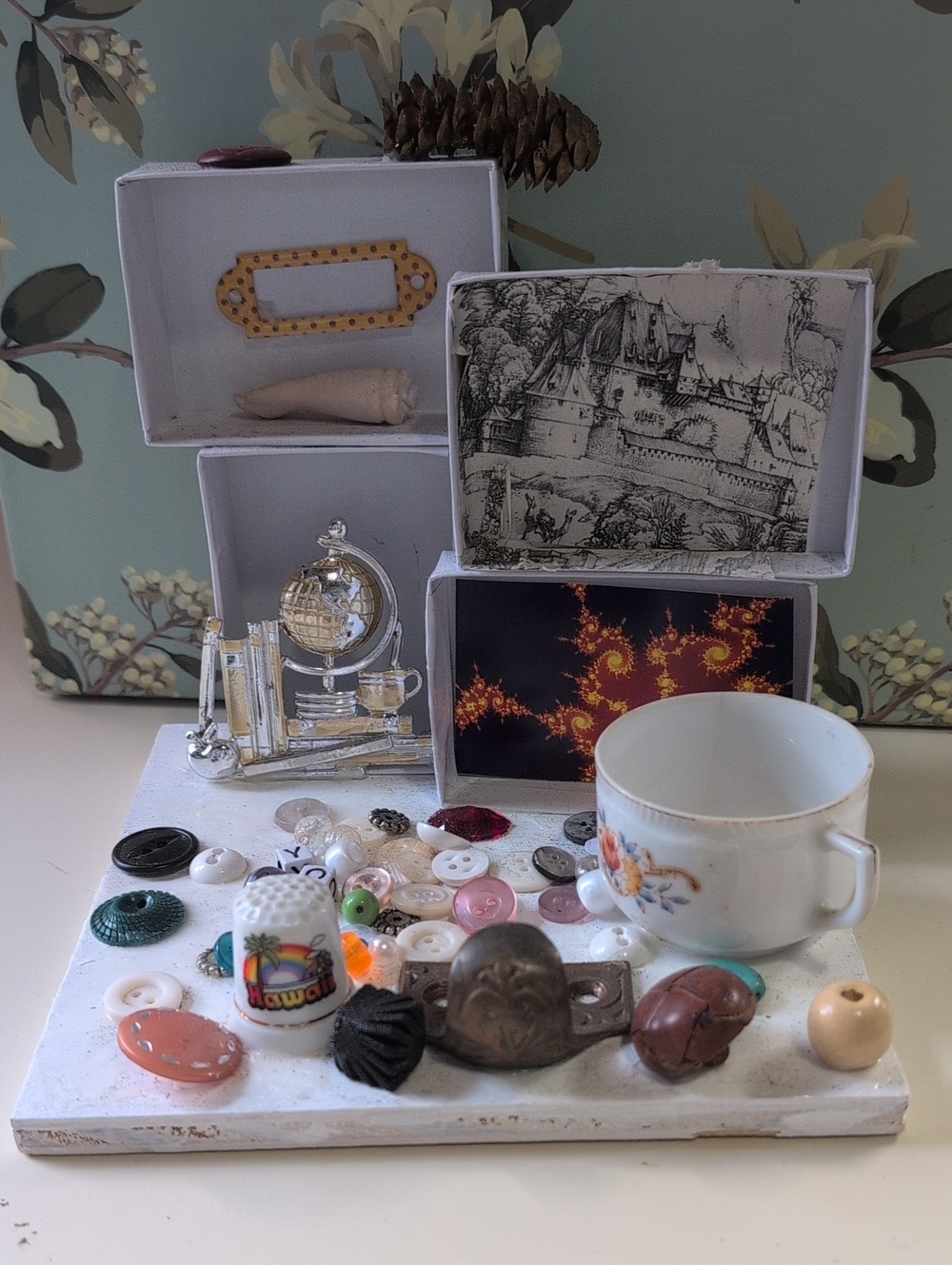 Repurposed Art Sculpture Decorative Display with Tea Cup  and Assorted Buttons